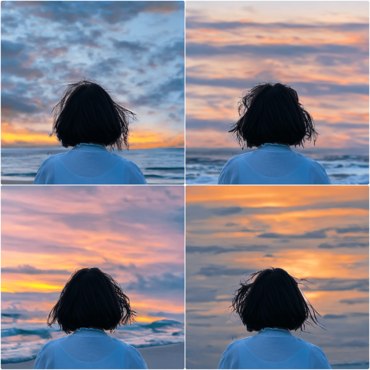 the back of a child, the background is the sea and the sunset