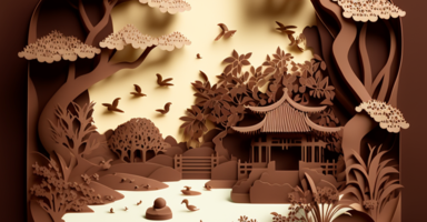 Pavilion, tree, flying bird, pond, paper-cut style, made of chocolate
