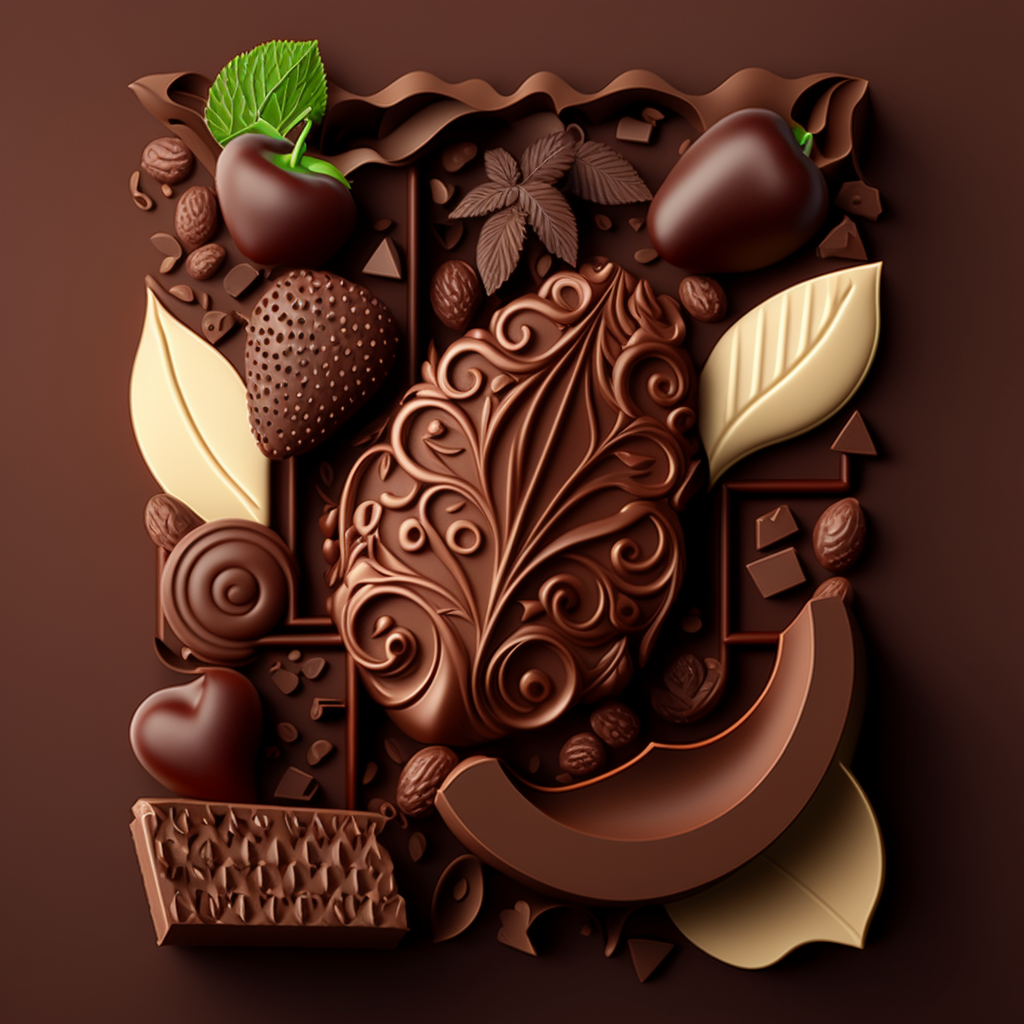 Chocolate sculpture, green mint leaves, white chocolate, strawberries, cherries, nuts
