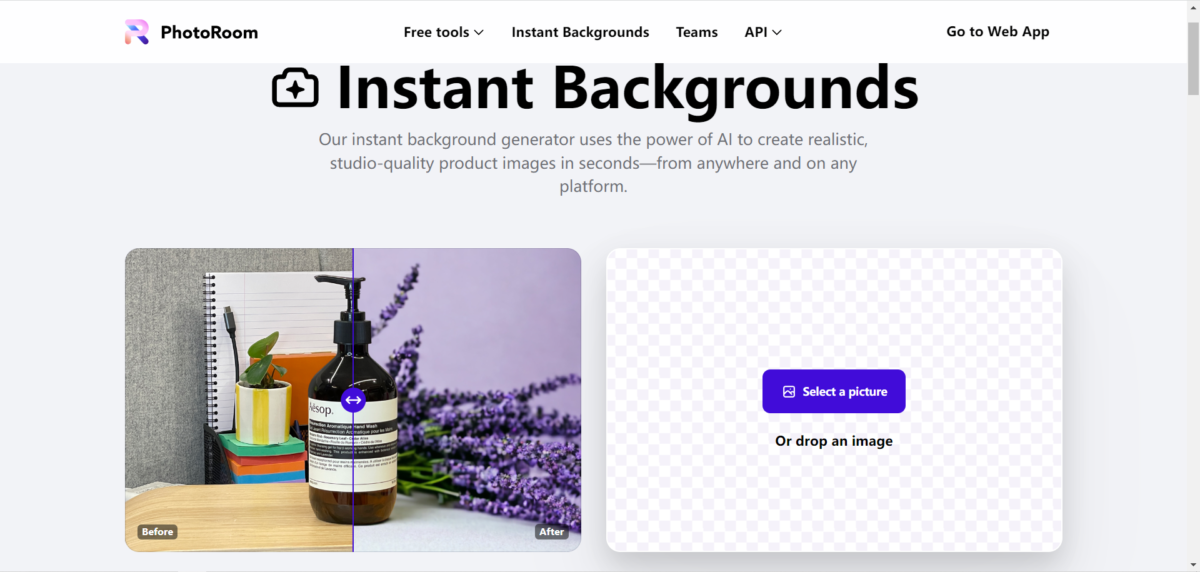 Instant Backgrounds by Photoroom page