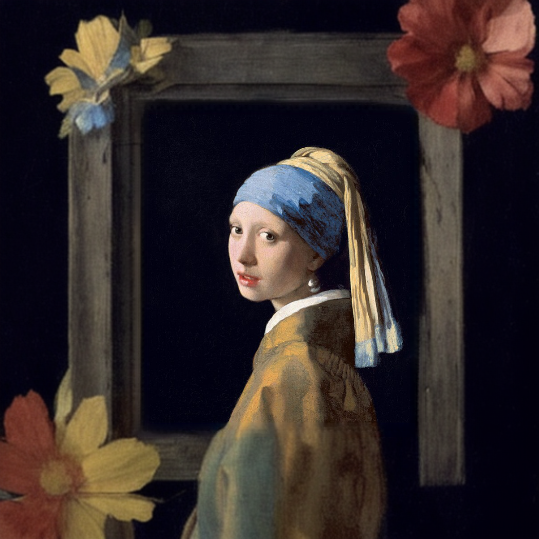 Girl with a Pearl Earring, In the Petal Photo Frame, Created by PromeAI's Outpainting feature