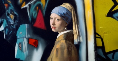 "Girl with a Pearl Earring" being behind a graffiti wall